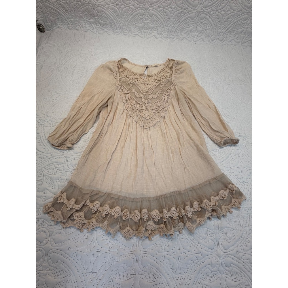 Entro Beige Crochet Lace Mesh Tiered Tunic Top Small T18513